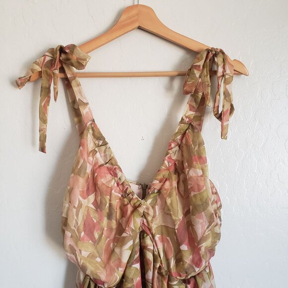 Storia Tiered Ruffled Midi Dress Warm Leaves Print Womens Large Fall Wedding NEW - Picture 3 of 12